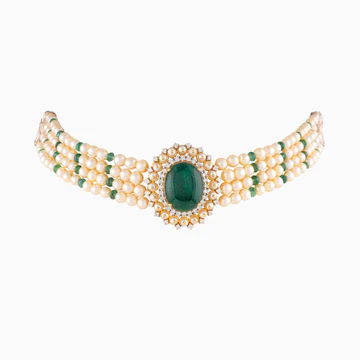 18K Gold Chik Necklace With Emerald Cabochon Diamonds And Pearls WDN968