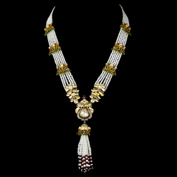 A Mesmerizing Fusion Style Necklace And Jhoomki Pair Adorned With Diamond Polki Round Diamond Stringing Lustrous Pearls And Vibrant Emerald And Ruby Beads KMNE3486