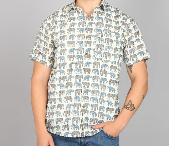 BLOCKS OF INDIA Cotton Hand Block Print Half Sleeves Summer Shirt For Men Blue Elephant