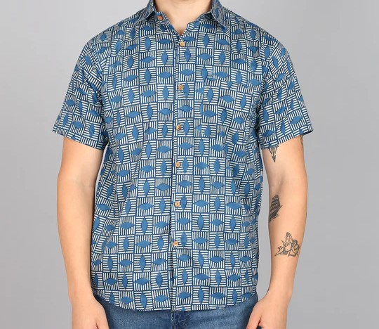 BLOCKS OF INDIA Cotton Hand Block Print Half Sleeves Summer Shirt For Men Blue Eye
