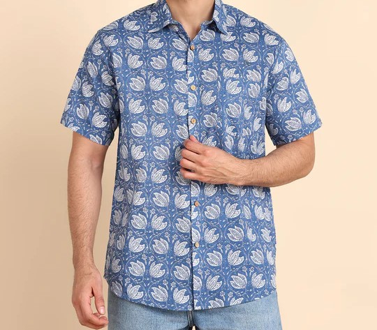 BLOCKS OF INDIA Cotton Hand Block Print Half Sleeves Summer Shirt For Men Blue Flower