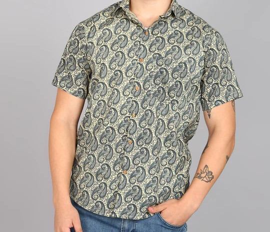 BLOCKS OF INDIA Cotton Hand Block Print Half Sleeves Summer Shirt For Men Grey Yellow Kairi