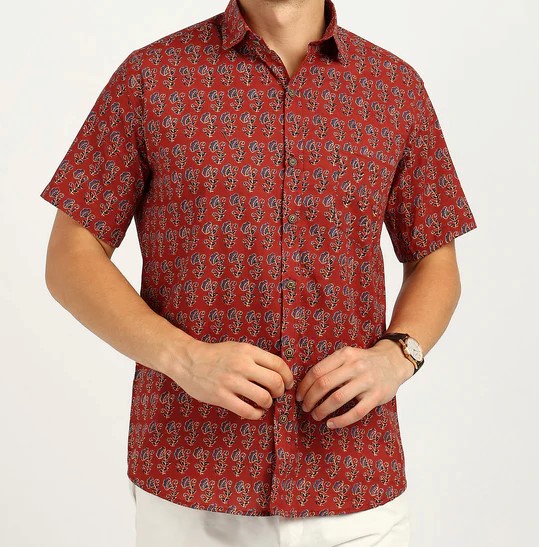 BLOCKS OF INDIA Cotton Hand Block Print Half Sleeves Summer Shirt For Men Red Turq Flr