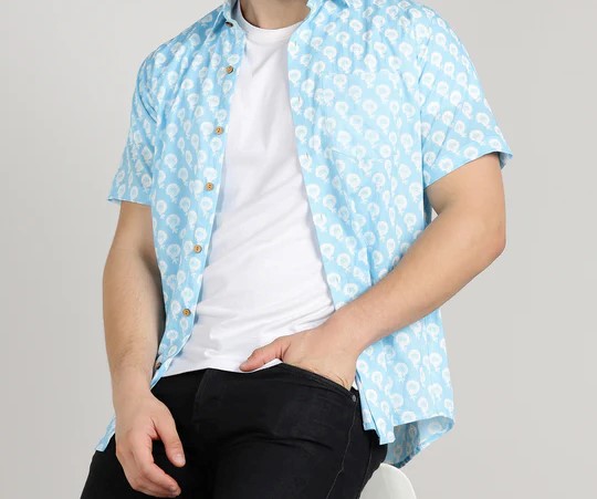BLOCKS OF INDIA Cotton Hand Block Print Half Sleeves Summer Shirt For Men White Blue Buti