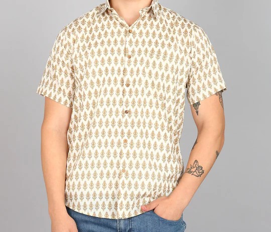 BLOCKS OF INDIA Cotton Hand Block Print Half Sleeves Summer Shirt For Men Yellow Buti