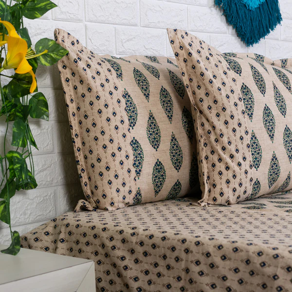 Beige And Blue Ajrakh Bedsheet 1