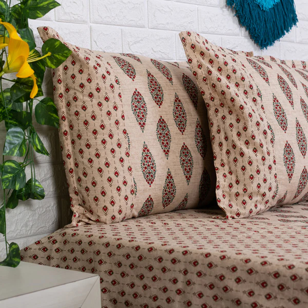 Beige And Red Leaf Buti Ajrakh Bedsheet 1
