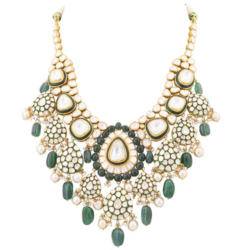 Big Necklace And Long Earrings With Diamond Polki And Emerald Maniya And Pearls KMNE3027 1