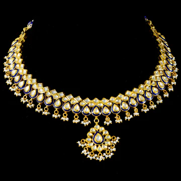 Blue Meena Necklace Set Intricately Adorned With Gleaming Diamond Polki And Lustrous Pearls. A Fusion Of Tradition And Sophistication.KMNE3378