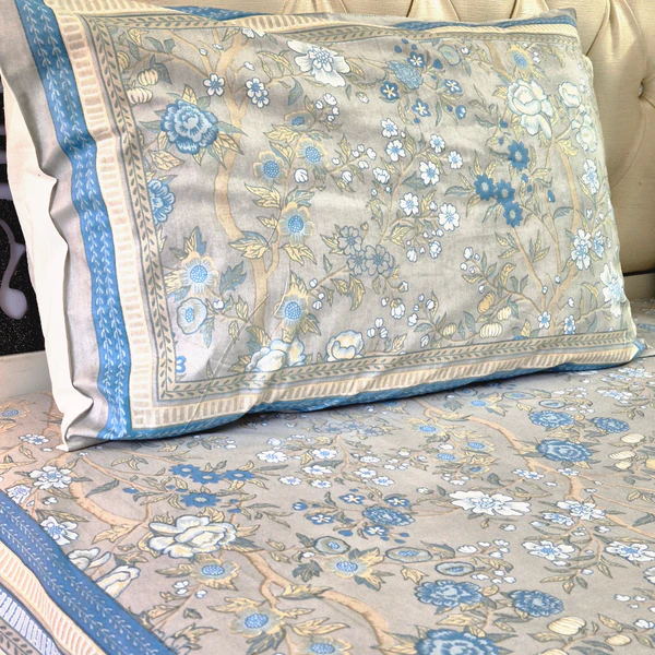 Blue And Grey Floral Charm Cotton Bedsheet 1