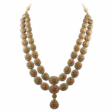 Blue Meena Big Polki Double Line Necklace With Earring Pair KMNE2970 1