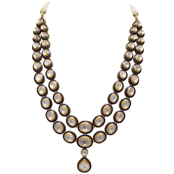 Blue Meena Big Polki Double Line Necklace With Earring Pair KMNE2970