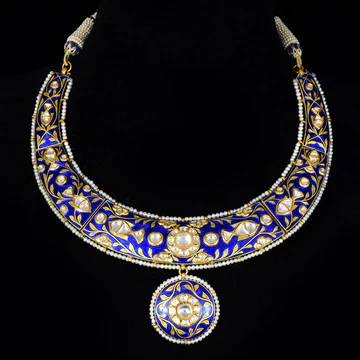 Blue Meena Flat Hasli With Earring Pair With Diamond Polki KMNE2971 1