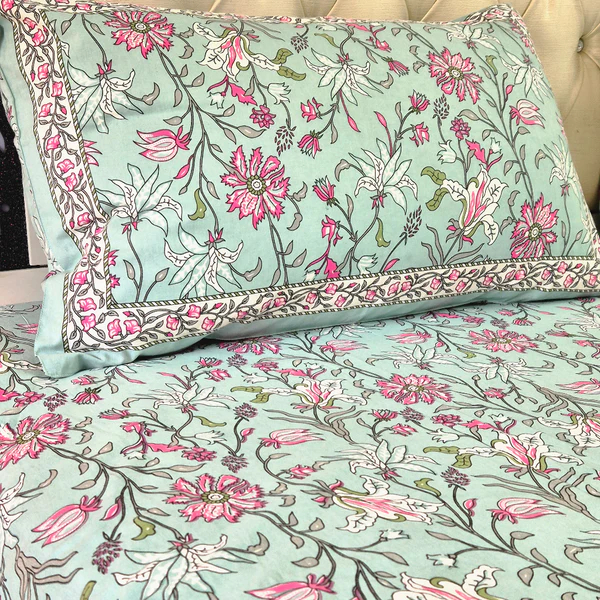 Minty Floral Charm Cotton Bedsheet